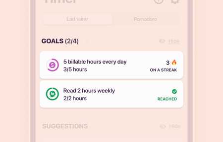 Snippet of the Toggl Track goals in mobile app