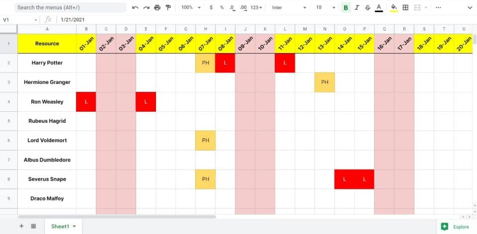 A screenshot of a Time Availability Tracker template.