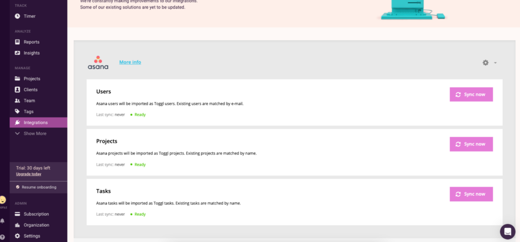 Asana and Toggl Track sync page