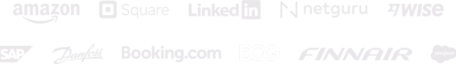 Company logos: Amazon, Square, GE, LinkedIn, Netguru, Wise, SAP, Danfoss, Booking.com, BCG, Finnair, Salesforce
