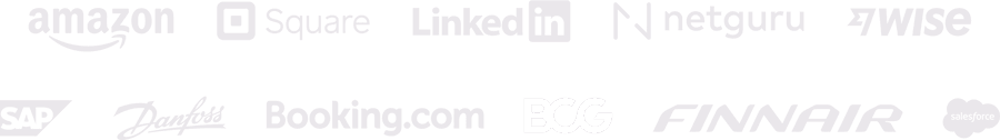 Company logos: Amazon, Square, GE, LinkedIn, Netguru, Wise, SAP, Danfoss, Booking.com, BCG, Finnair, Salesforce