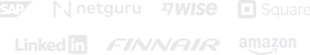 Company logos: Amazon, Square, GE, SAP, Netguru, Wise, LinkedIn, Finnair