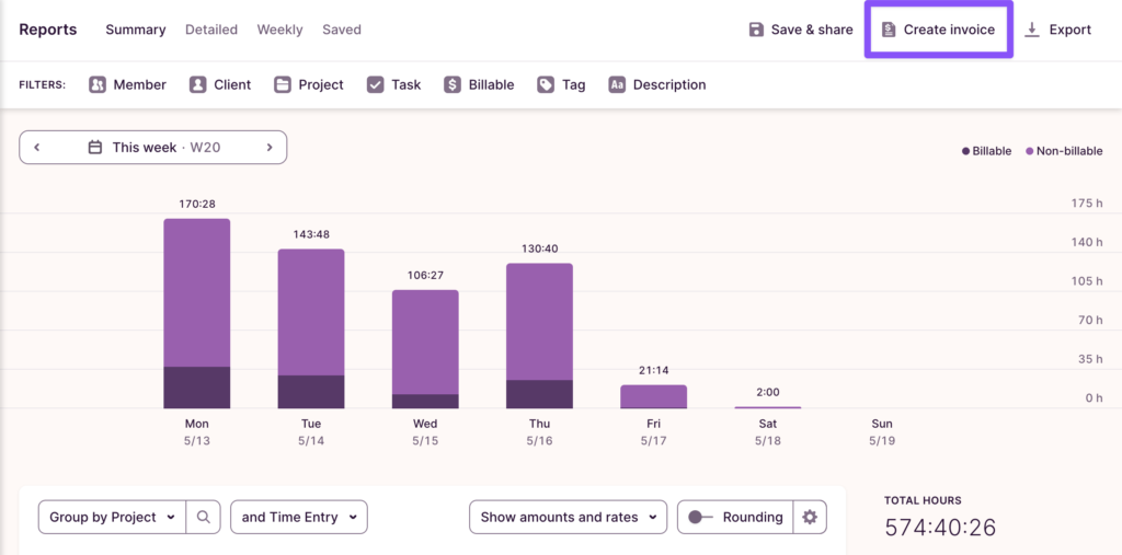 Creating an invoice in Toggl Track