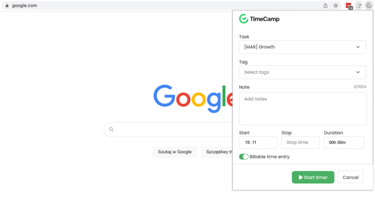 TimeCamp Chrome browser extension