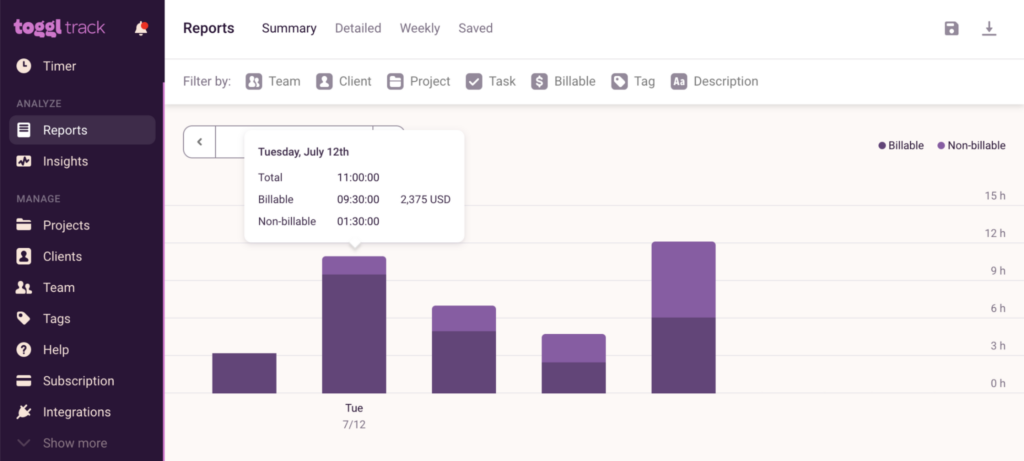 Summary report in Toggl Track