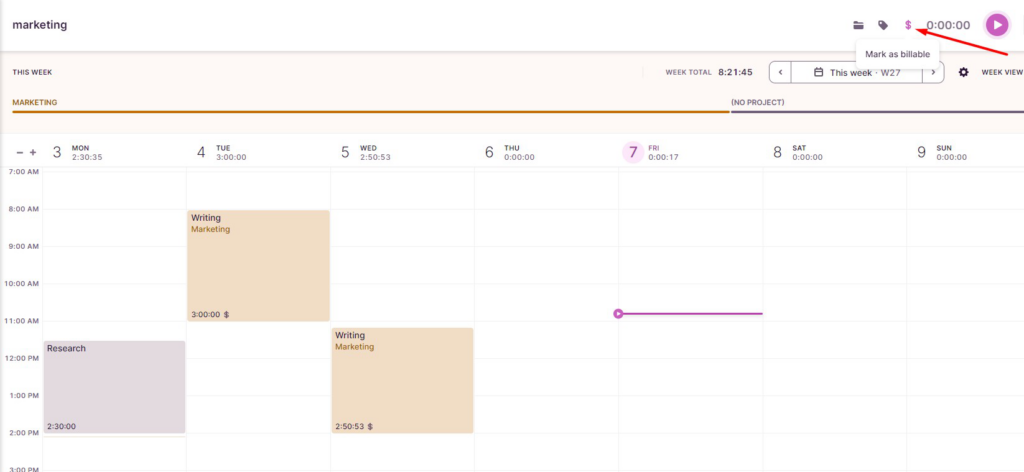 Marking a time entry as billable in Toggl Track
