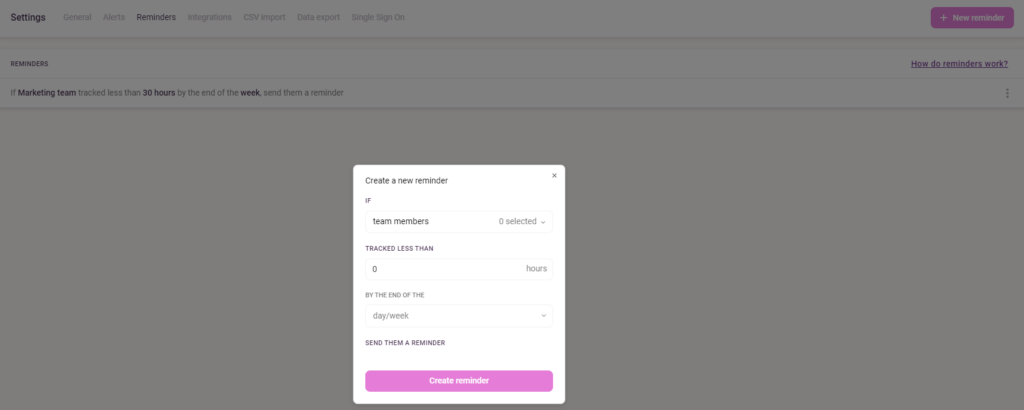 Creating a reminder in Toggl Track