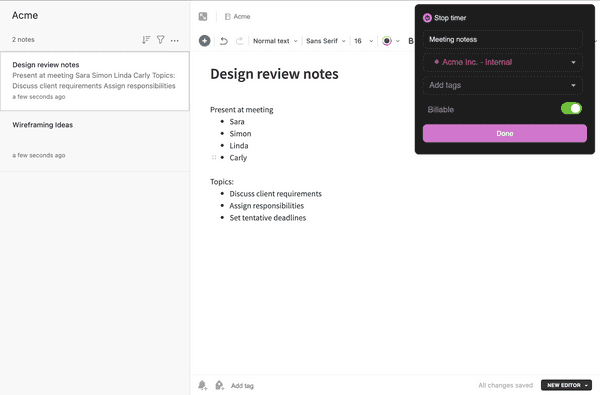 Start the timer in Evernote